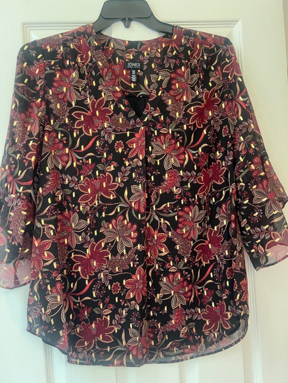 Jones New York Black Floral Blouse with Burgundy & Gold Accents